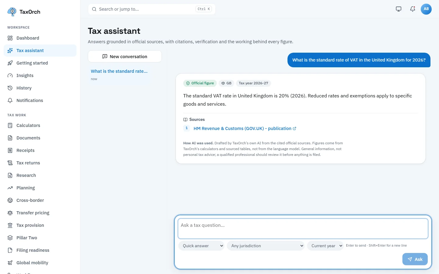 TaxOrch answer that the standard VAT rate in the United Kingdom is 20% for 2026 with an Official figure badge, a source link to HM Revenue and Customs, and a How AI was used disclosure under the answer