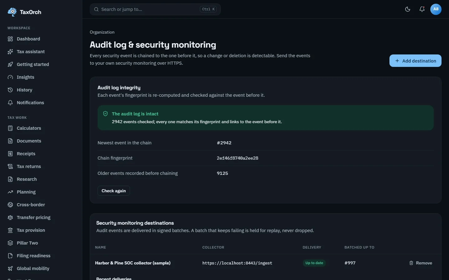 The TaxOrch Audit log and security monitoring page with a green notice that the audit log is intact, 2938 events checked, the newest event in the chain, the chain fingerprint and older events recorded before chaining, and a Check again button
