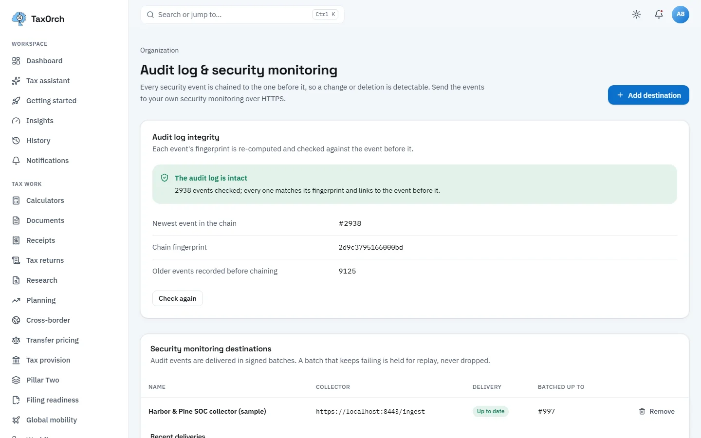 The TaxOrch Audit log and security monitoring page with a green notice that the audit log is intact, 2938 events checked, the newest event in the chain, the chain fingerprint and older events recorded before chaining, and a Check again button