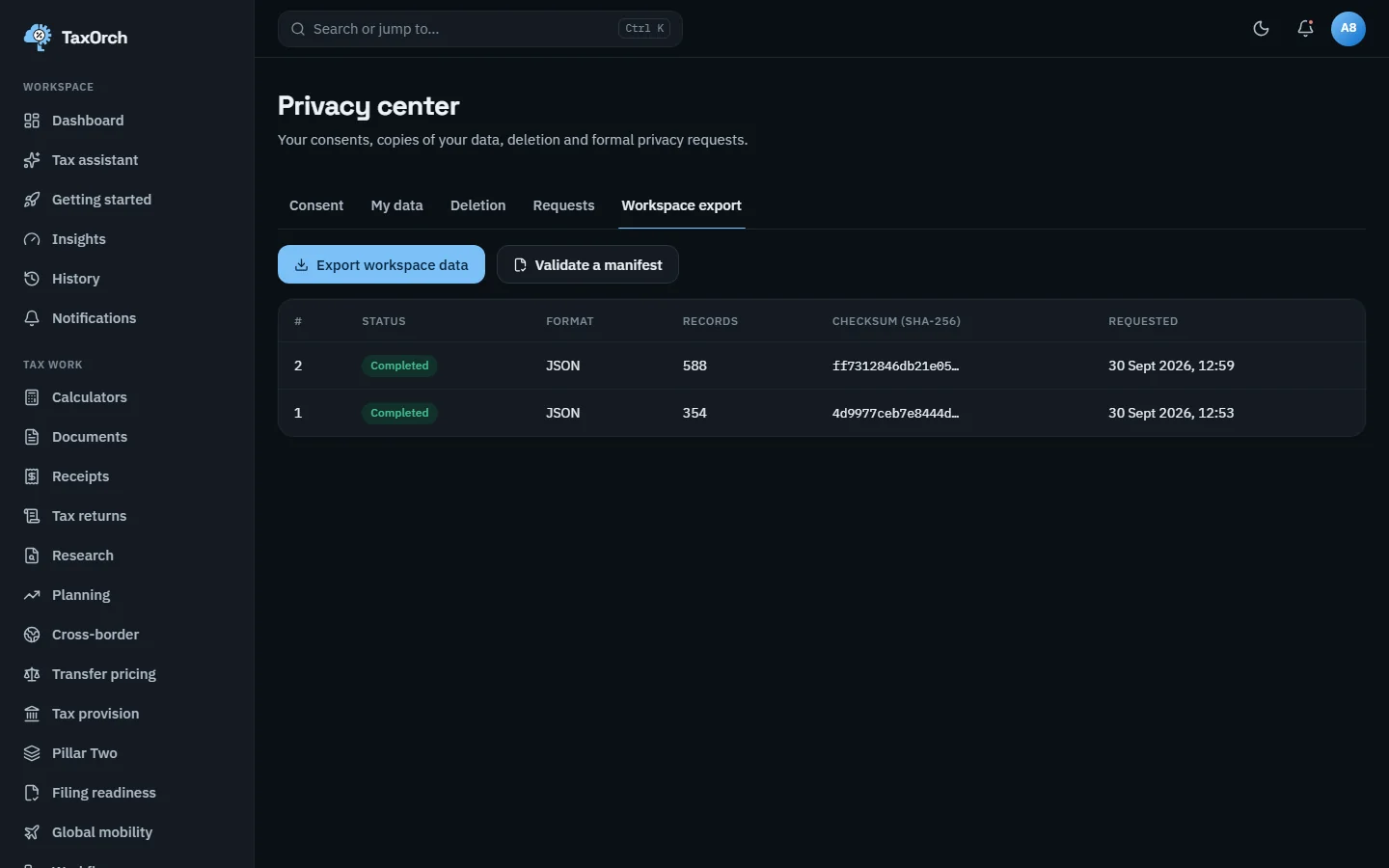 The TaxOrch Privacy centre Workspace export tab with Export workspace data and Validate a manifest buttons and two completed JSON exports of 354 and 588 records, each with a SHA-256 checksum and request time