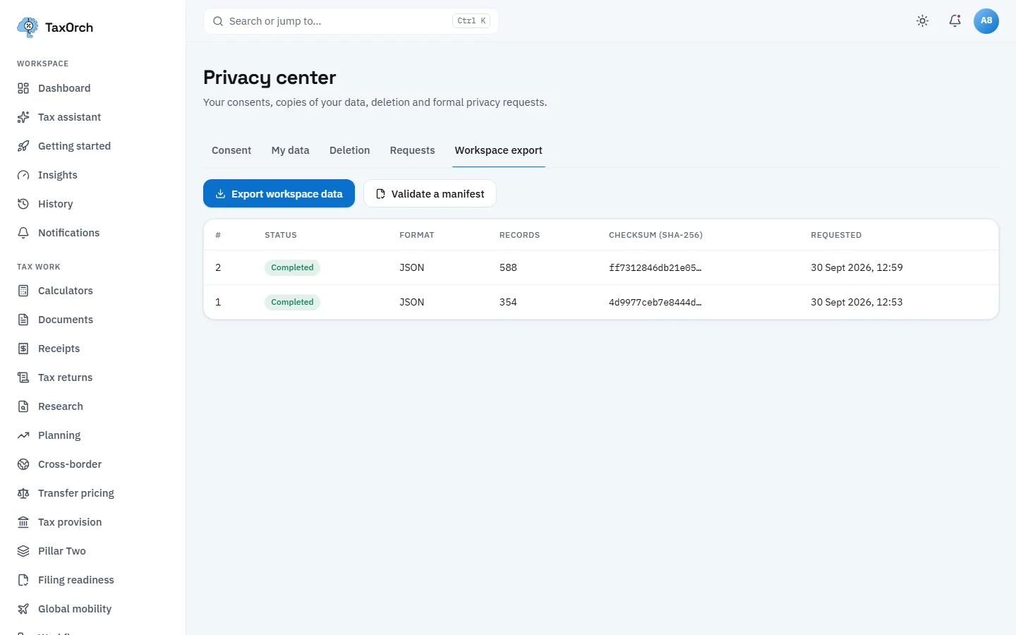 The TaxOrch Privacy centre Workspace export tab with Export workspace data and Validate a manifest buttons and two completed JSON exports of 354 and 588 records, each with a SHA-256 checksum and request time