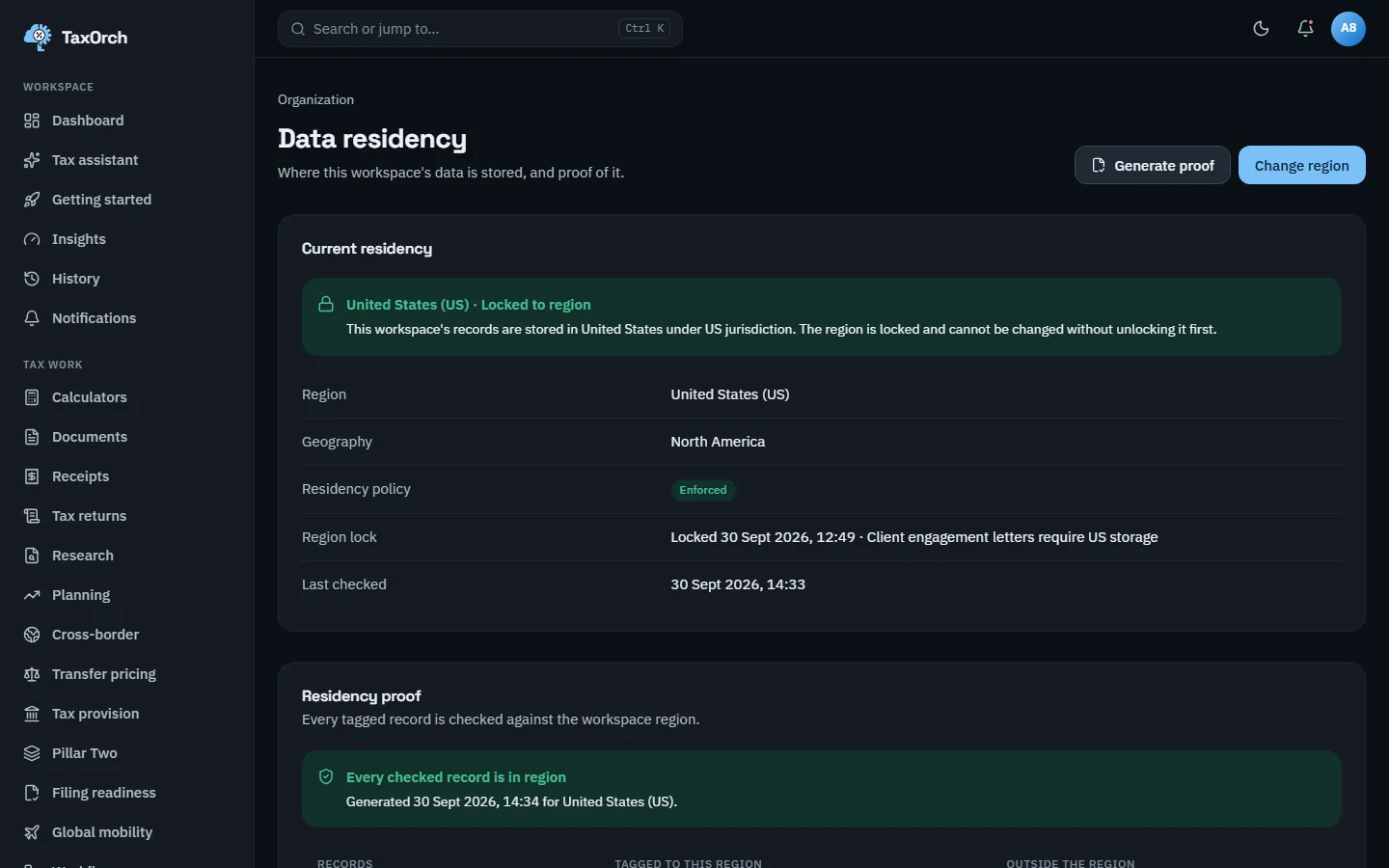 The TaxOrch Data residency page showing the workspace locked to the United States with an enforced policy, the lock reason and time, and a residency proof stating every checked record is in region, with Generate proof and Change region buttons