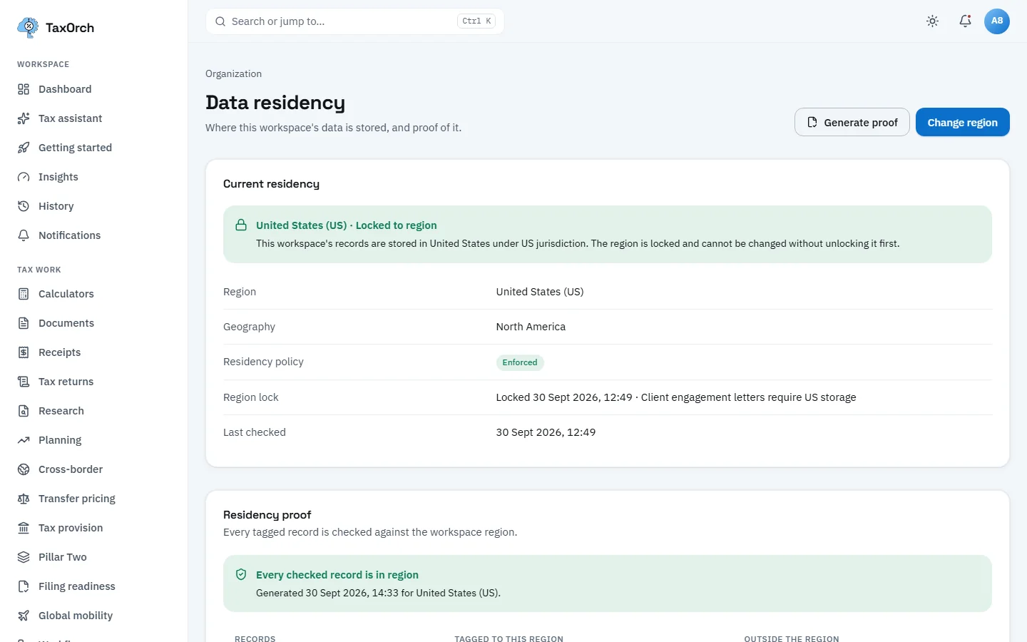 The TaxOrch Data residency page showing the workspace locked to the United States with an enforced policy, the lock reason and time, and a residency proof stating every checked record is in region, with Generate proof and Change region buttons