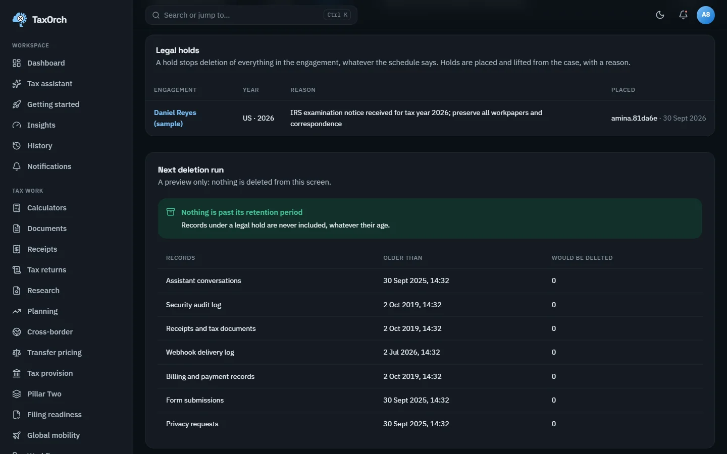 The TaxOrch legal holds table showing the Daniel Reyes (sample) engagement held because an IRS examination notice was received, and a next deletion run preview stating nothing is past its retention period and records under a legal hold are never included