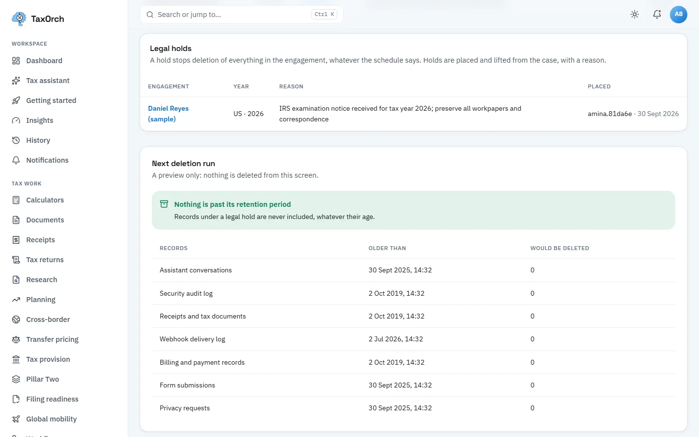 The TaxOrch legal holds table showing the Daniel Reyes (sample) engagement held because an IRS examination notice was received, and a next deletion run preview stating nothing is past its retention period and records under a legal hold are never included