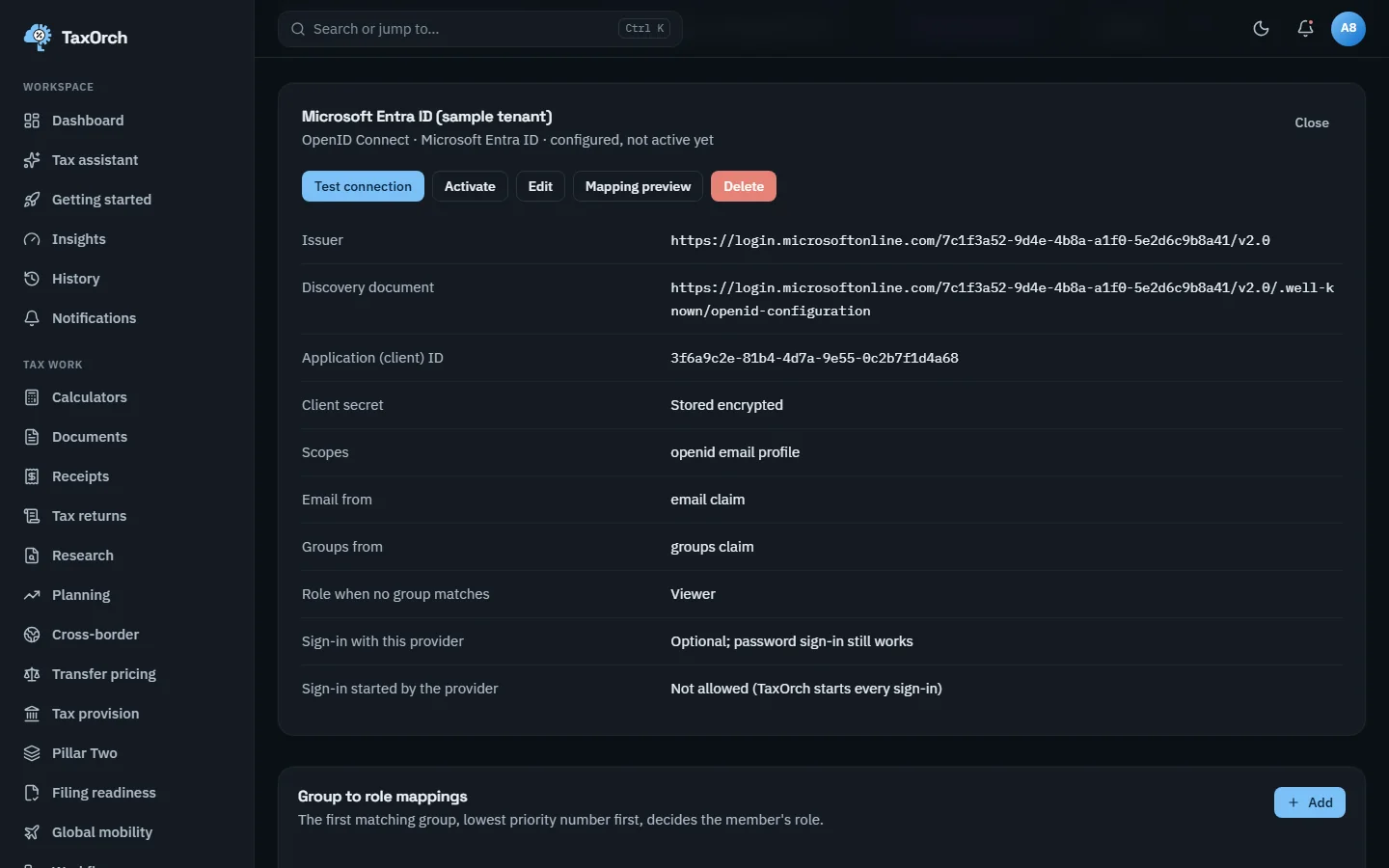 A Microsoft Entra ID (sample tenant) provider in TaxOrch configured over OpenID Connect with issuer, discovery document, application ID, client secret stored encrypted, scopes, claim sources and a Viewer default role, with Test connection and Activate buttons