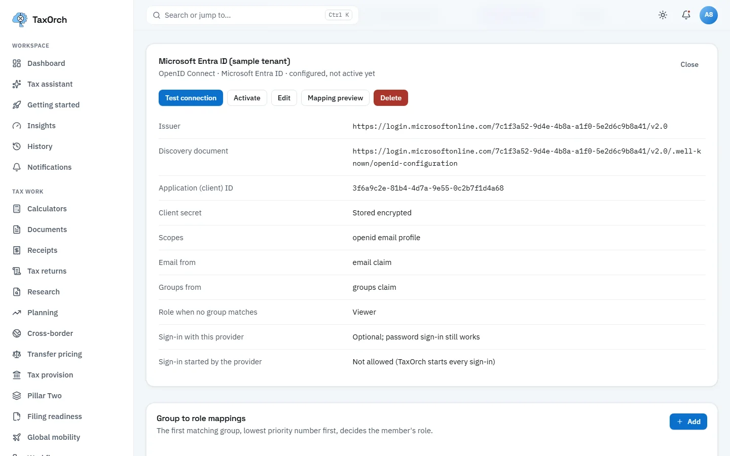 A Microsoft Entra ID (sample tenant) provider in TaxOrch configured over OpenID Connect with issuer, discovery document, application ID, client secret stored encrypted, scopes, claim sources and a Viewer default role, with Test connection and Activate buttons