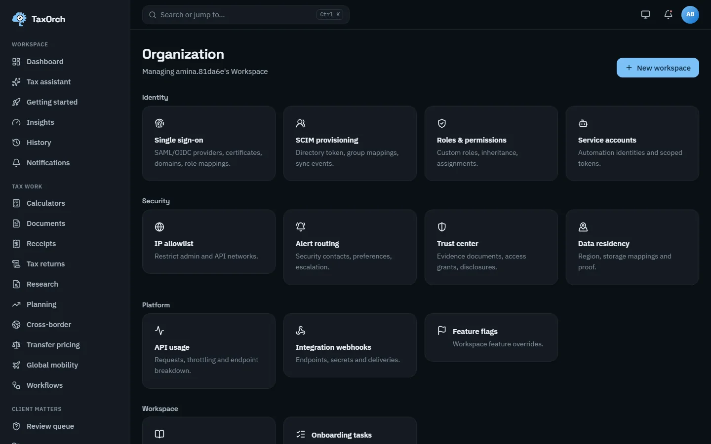 The TaxOrch organisation page with cards for single sign-on, SCIM provisioning, roles and permissions, service accounts, IP allowlist, alert routing, trust centre, data residency, API usage, integration webhooks and feature flags
