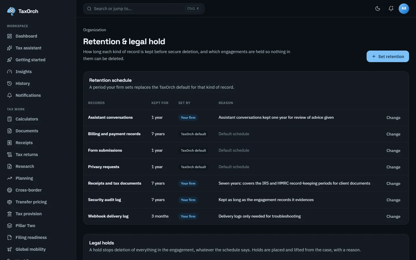 The TaxOrch Retention and legal hold page with a retention schedule listing seven kinds of record, the period each is kept for, whether it was set by the firm or the TaxOrch default, and the reason, with a Set retention button