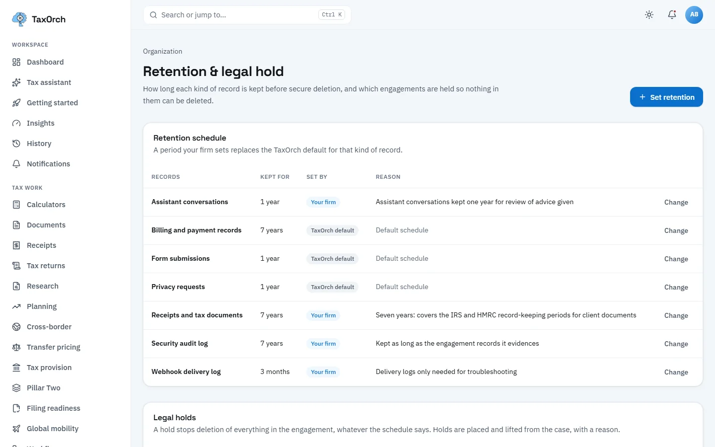 The TaxOrch Retention and legal hold page with a retention schedule listing seven kinds of record, the period each is kept for, whether it was set by the firm or the TaxOrch default, and the reason, with a Set retention button