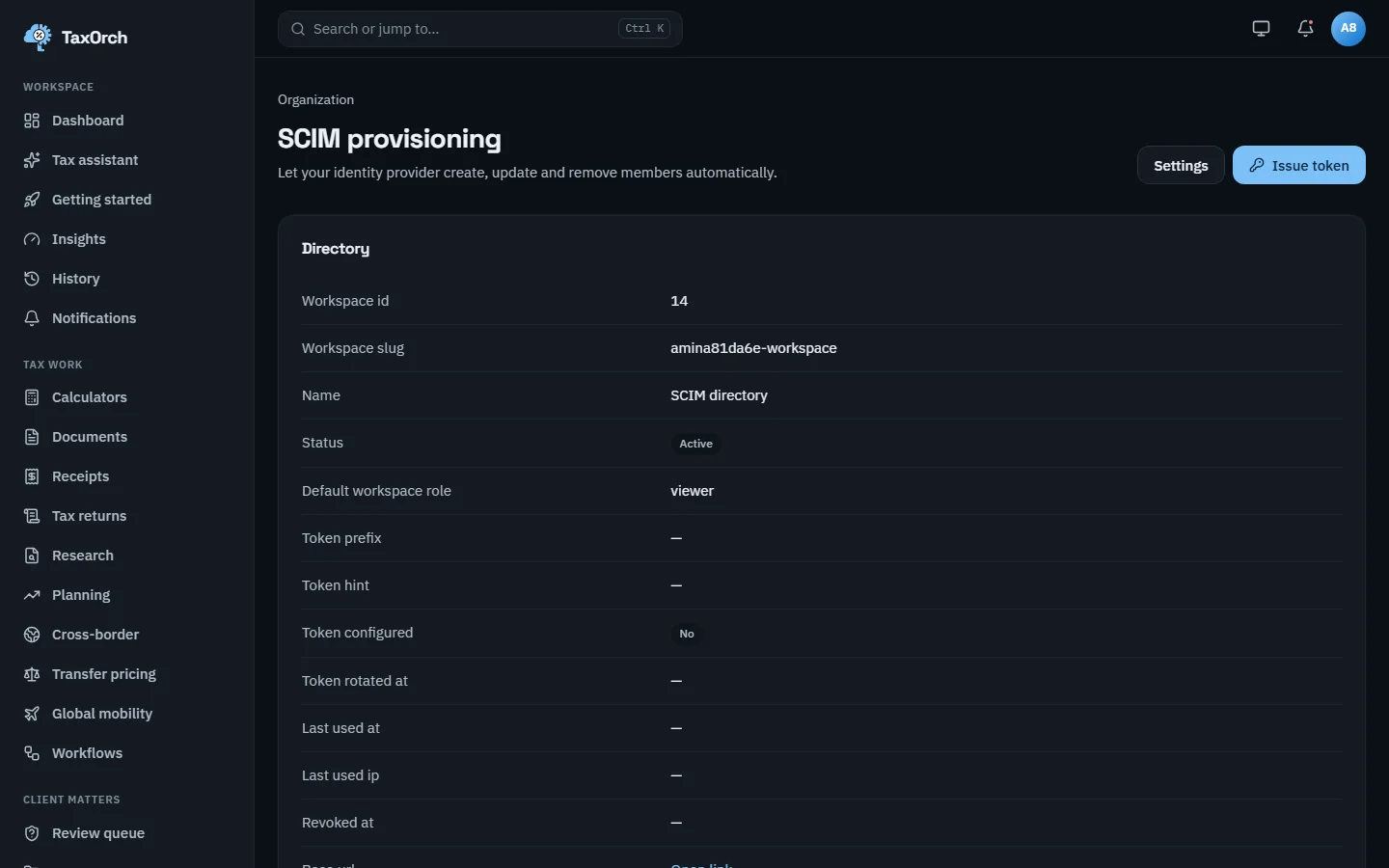 The TaxOrch SCIM provisioning page showing an active SCIM directory for workspace 14 with a viewer default role, no token configured yet, and Settings and Issue token buttons