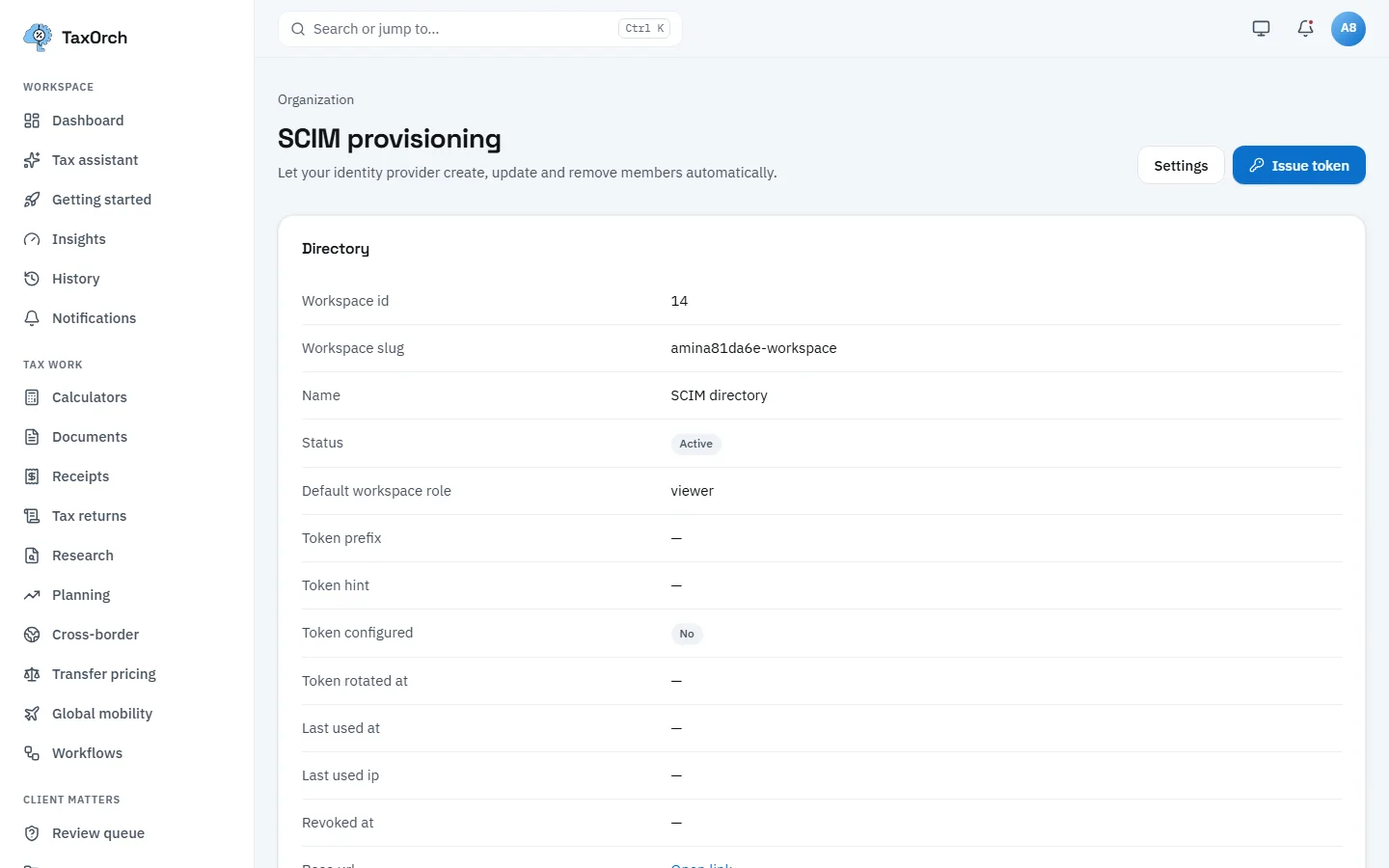 The TaxOrch SCIM provisioning page showing an active SCIM directory for workspace 14 with a viewer default role, no token configured yet, and Settings and Issue token buttons