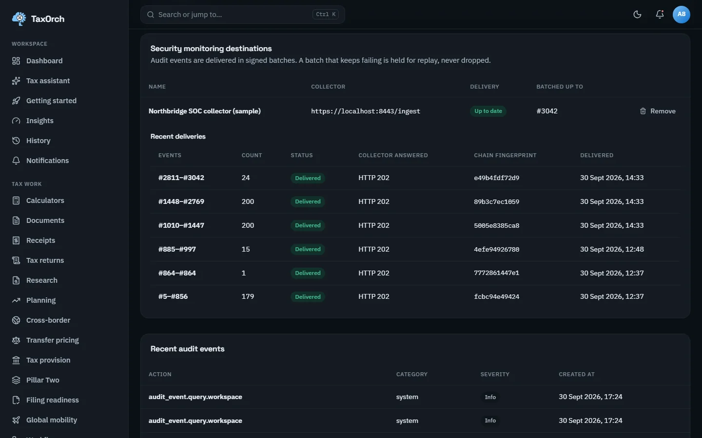 TaxOrch security monitoring destinations showing the Northbridge SOC collector (sample) up to date and batched to event 3042, six delivered batches with counts, HTTP 202 responses and chain fingerprints, and recent audit events with category and severity