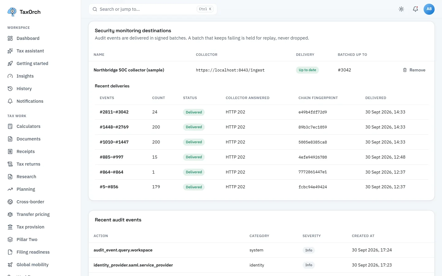 TaxOrch security monitoring destinations showing the Northbridge SOC collector (sample) up to date and batched to event 3042, six delivered batches with counts, HTTP 202 responses and chain fingerprints, and recent audit events with category and severity