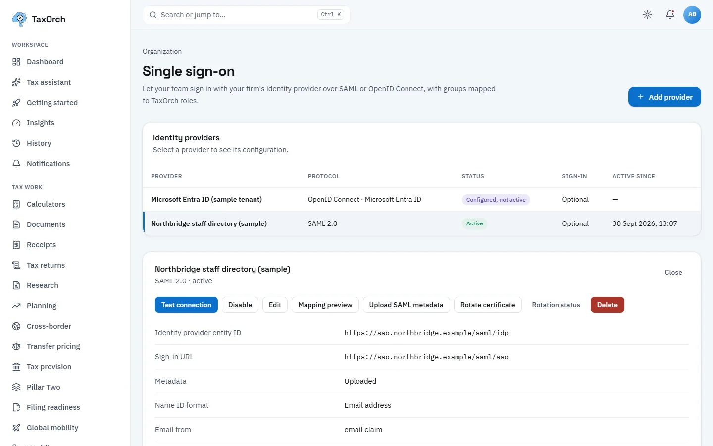 The TaxOrch Single sign-on page listing a Microsoft Entra ID (sample tenant) OpenID Connect provider configured but not active and a Northbridge staff directory (sample) SAML 2.0 provider that is active, with Test connection, Disable, Edit, Mapping preview, Upload SAML metadata and Rotate certificate actions