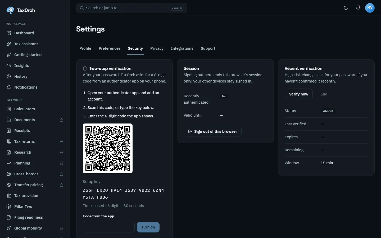 The TaxOrch Settings Security tab with two-step verification setup showing a QR code, a setup key, instructions for an authenticator app and a code field with a Turn on button, next to session and recent verification panels