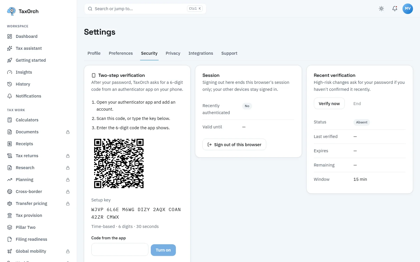The TaxOrch Settings Security tab with two-step verification setup showing a QR code, a setup key, instructions for an authenticator app and a code field with a Turn on button, next to session and recent verification panels