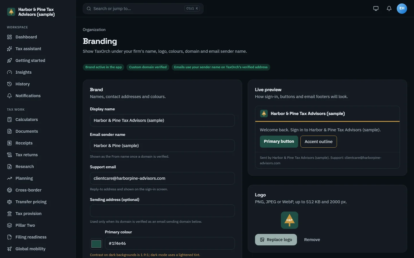 The TaxOrch Branding page for Harbor & Pine Tax Advisors (sample) with display name, email sender name, support email and primary colour fields, three green status badges, a live preview of the branded sign-in and buttons, and the uploaded logo