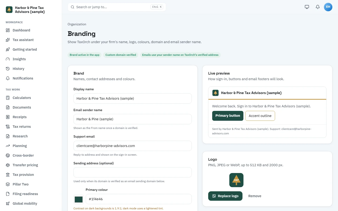 The TaxOrch Branding page for Harbor & Pine Tax Advisors (sample) with display name, email sender name, support email and primary colour fields, three green status badges, a live preview of the branded sign-in and buttons, and the uploaded logo
