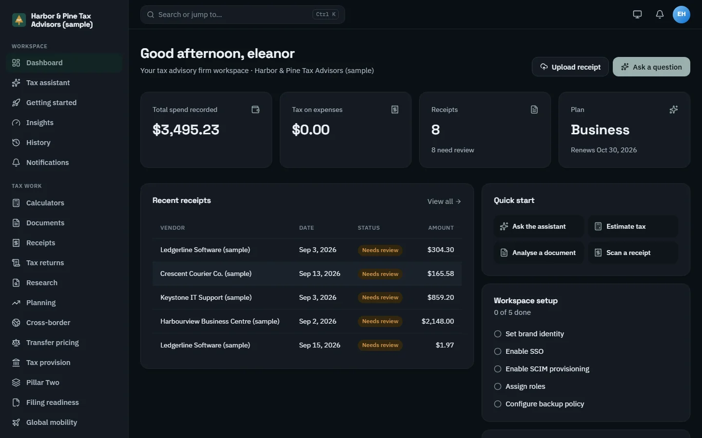 A TaxOrch dashboard branded as Harbor & Pine Tax Advisors (sample) greeting the user, with tiles for total spend, tax on expenses, receipts and the Business plan, a recent receipts table marked Needs review, quick start buttons and a workspace setup checklist