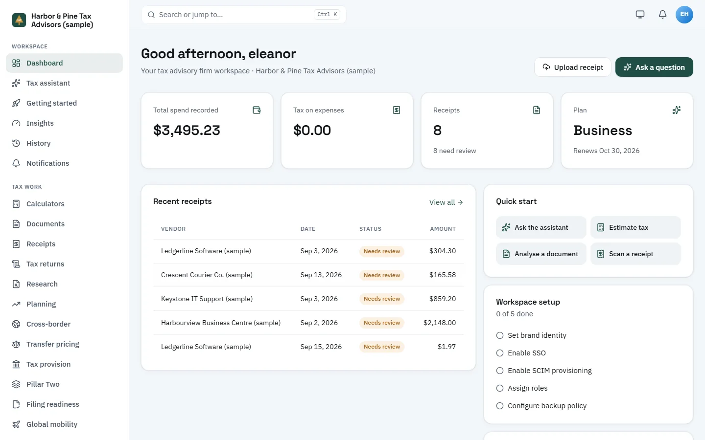 A TaxOrch dashboard branded as Harbor & Pine Tax Advisors (sample) greeting the user, with tiles for total spend, tax on expenses, receipts and the Business plan, a recent receipts table marked Needs review, quick start buttons and a workspace setup checklist
