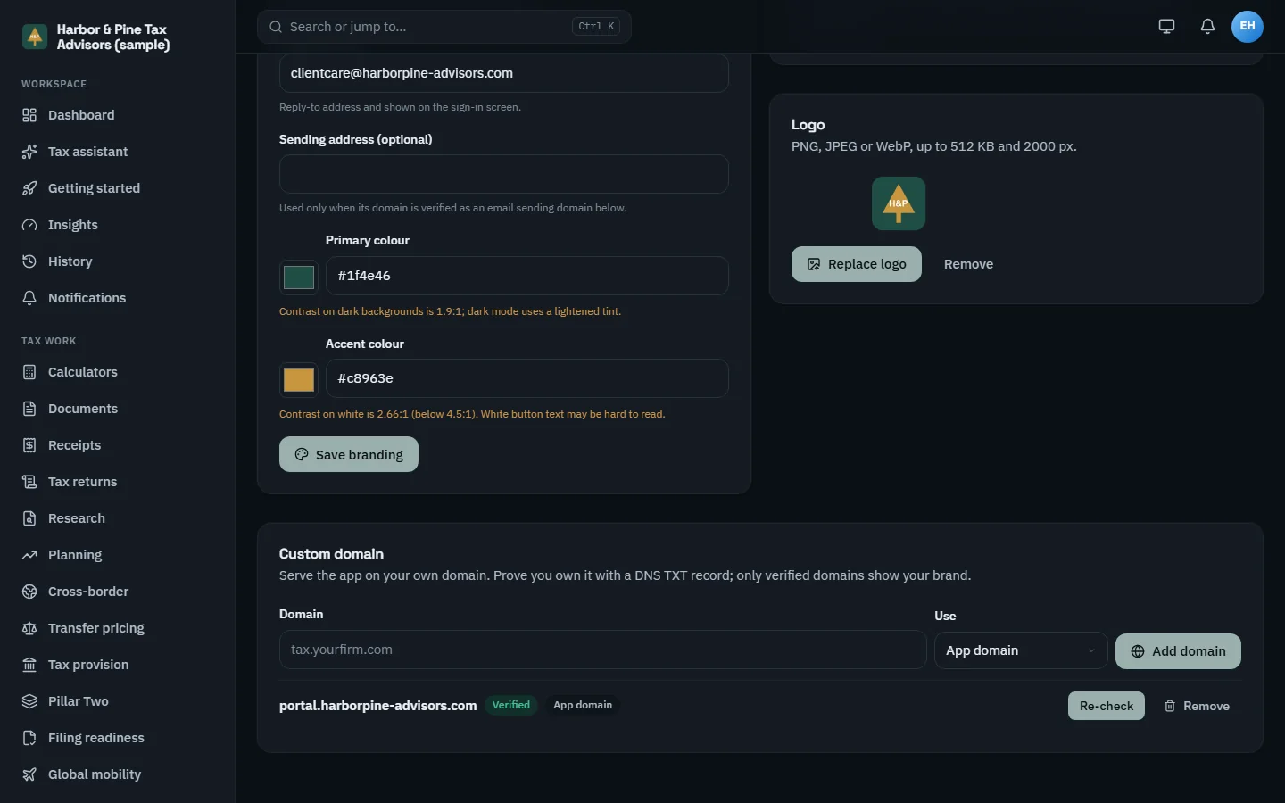 The Custom domain section of the TaxOrch Branding page with a domain field, an App domain selector, an Add domain button, and portal.harborpine-advisors.com listed as Verified with Re-check and Remove actions, below the colour fields with contrast warnings