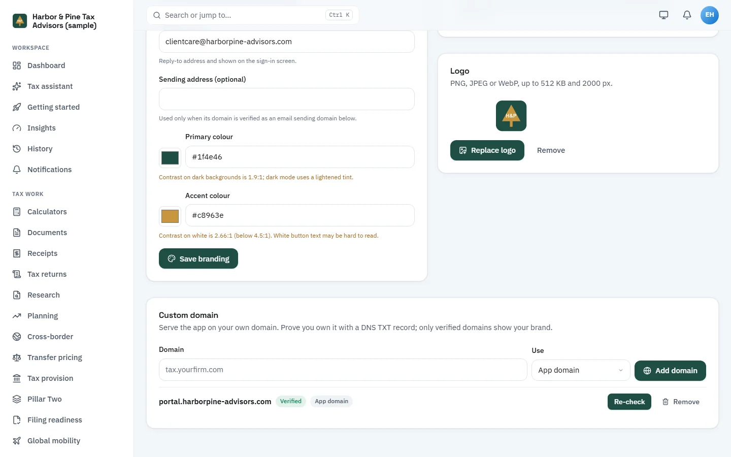 The Custom domain section of the TaxOrch Branding page with a domain field, an App domain selector, an Add domain button, and portal.harborpine-advisors.com listed as Verified with Re-check and Remove actions, below the colour fields with contrast warnings