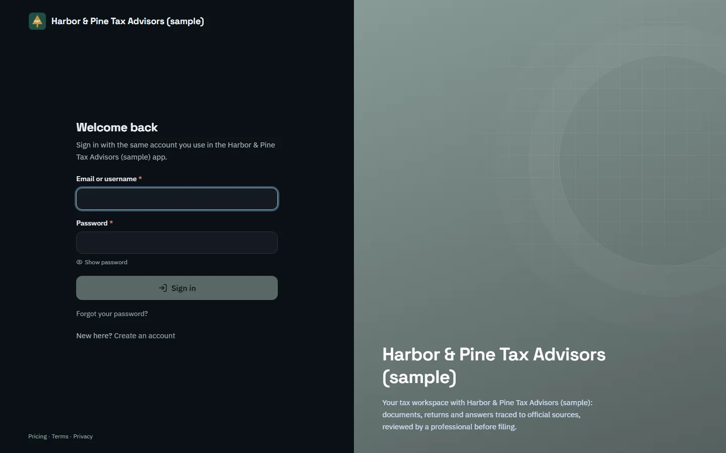 A TaxOrch sign-in screen branded as Harbor & Pine Tax Advisors (sample) with the firm's logo and dark green colour, email and password fields, a Sign in button and a welcome panel naming the firm