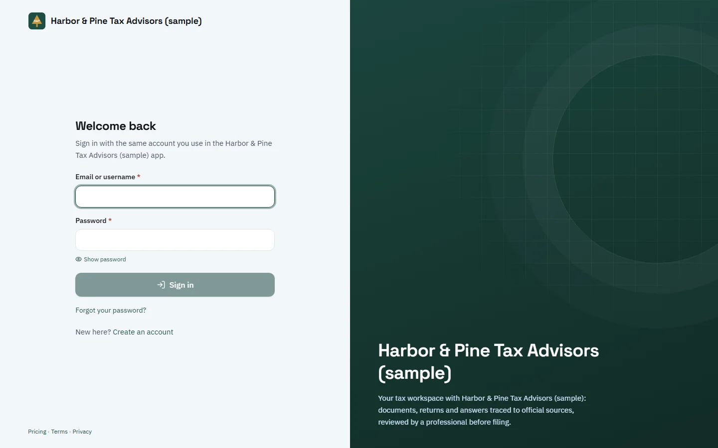 A TaxOrch sign-in screen branded as Harbor & Pine Tax Advisors (sample) with the firm's logo and dark green colour, email and password fields, a Sign in button and a welcome panel naming the firm