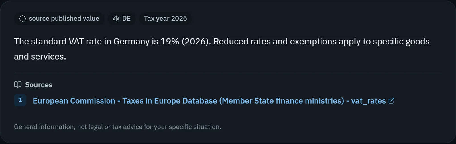 TaxOrch VAT answer showing Germany's 19% standard VAT rate for 2026, cited to the European Commission Taxes in Europe Database