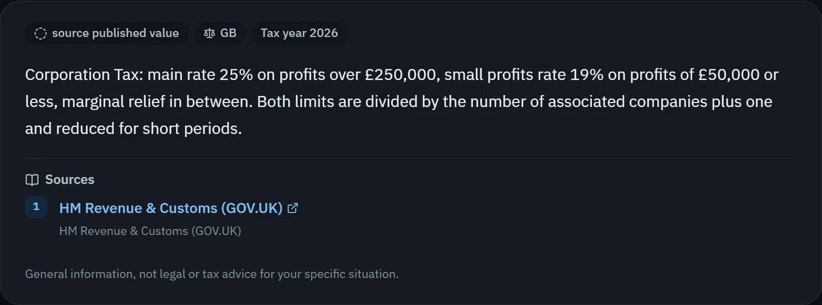 TaxOrch AI tax assistant answering a UK corporation tax question with the 25% main rate, the 19% small profits rate and marginal relief, cited to HM Revenue & Customs