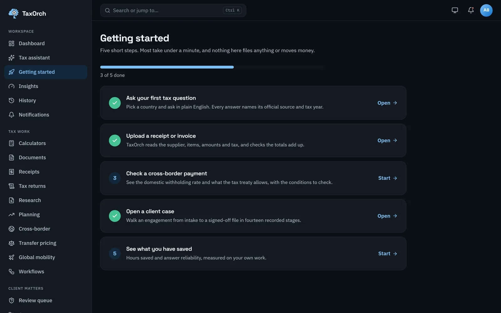 TaxOrch getting-started guide with five short steps that tick off as the team uses the product