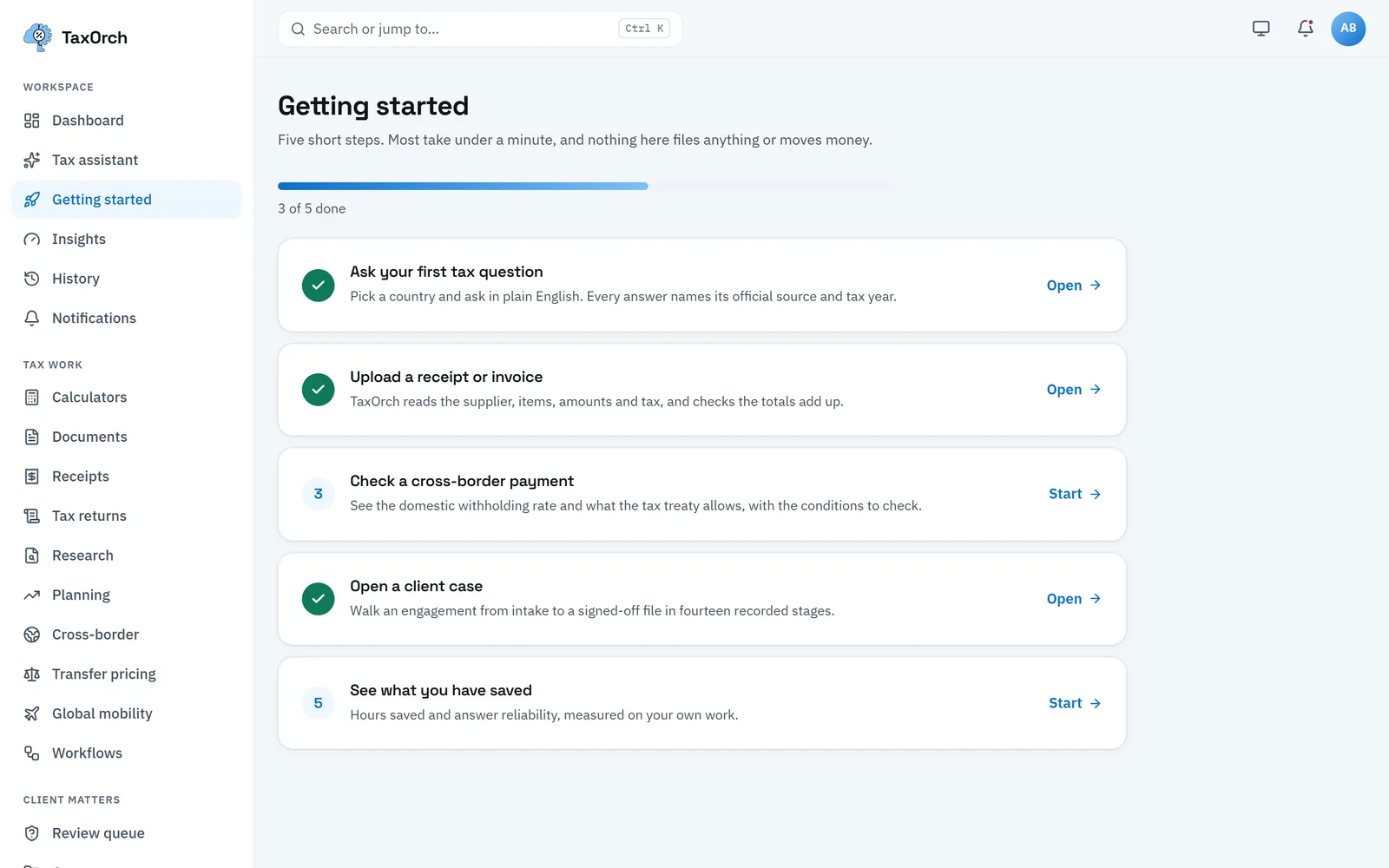 TaxOrch getting-started guide with five short steps that tick off as the team uses the product