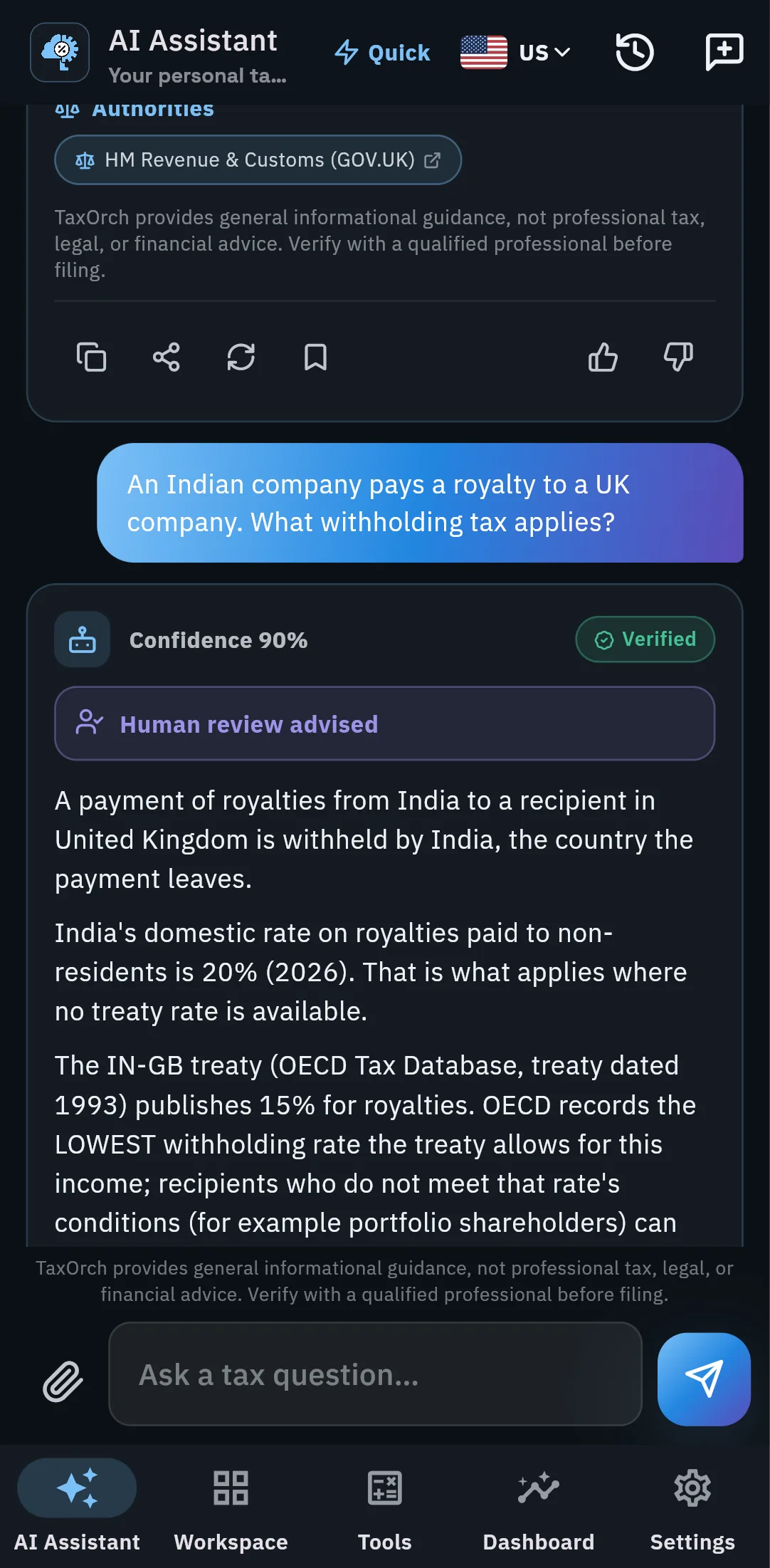 TaxOrch mobile app explaining India to UK royalty withholding: 20% domestic and 15% under the treaty, with human review advised