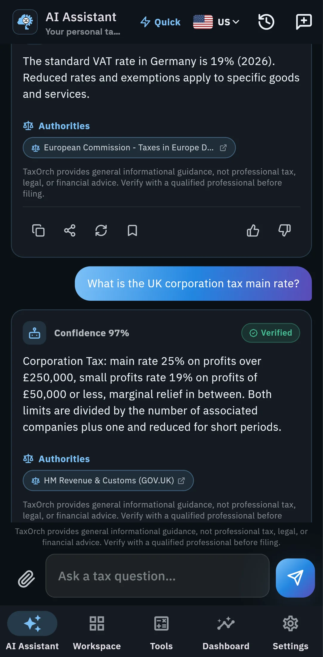 TaxOrch mobile app answering the UK corporation tax main rate of 25% with HM Revenue & Customs cited and a verified badge