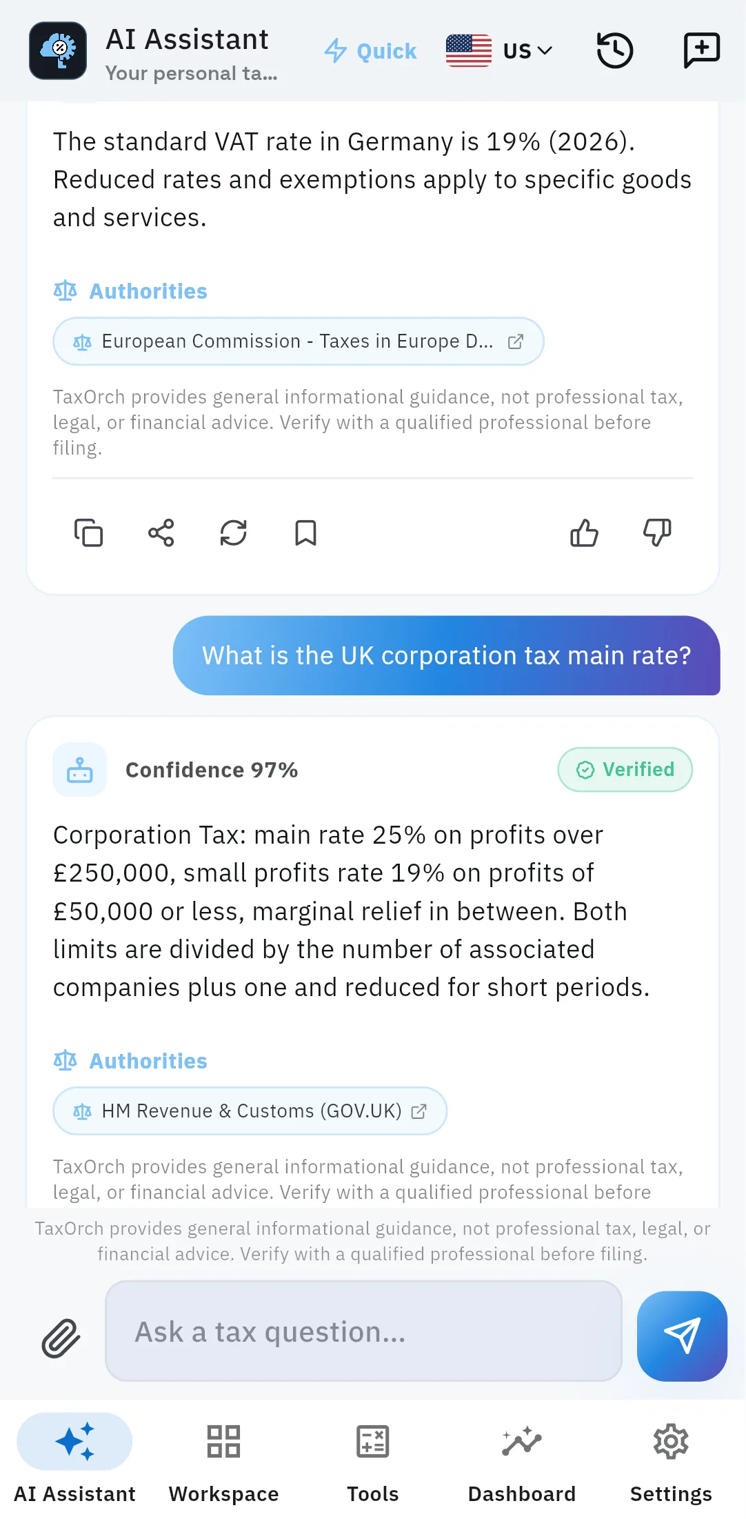 TaxOrch mobile app answering the UK corporation tax main rate of 25% with HM Revenue & Customs cited and a verified badge
