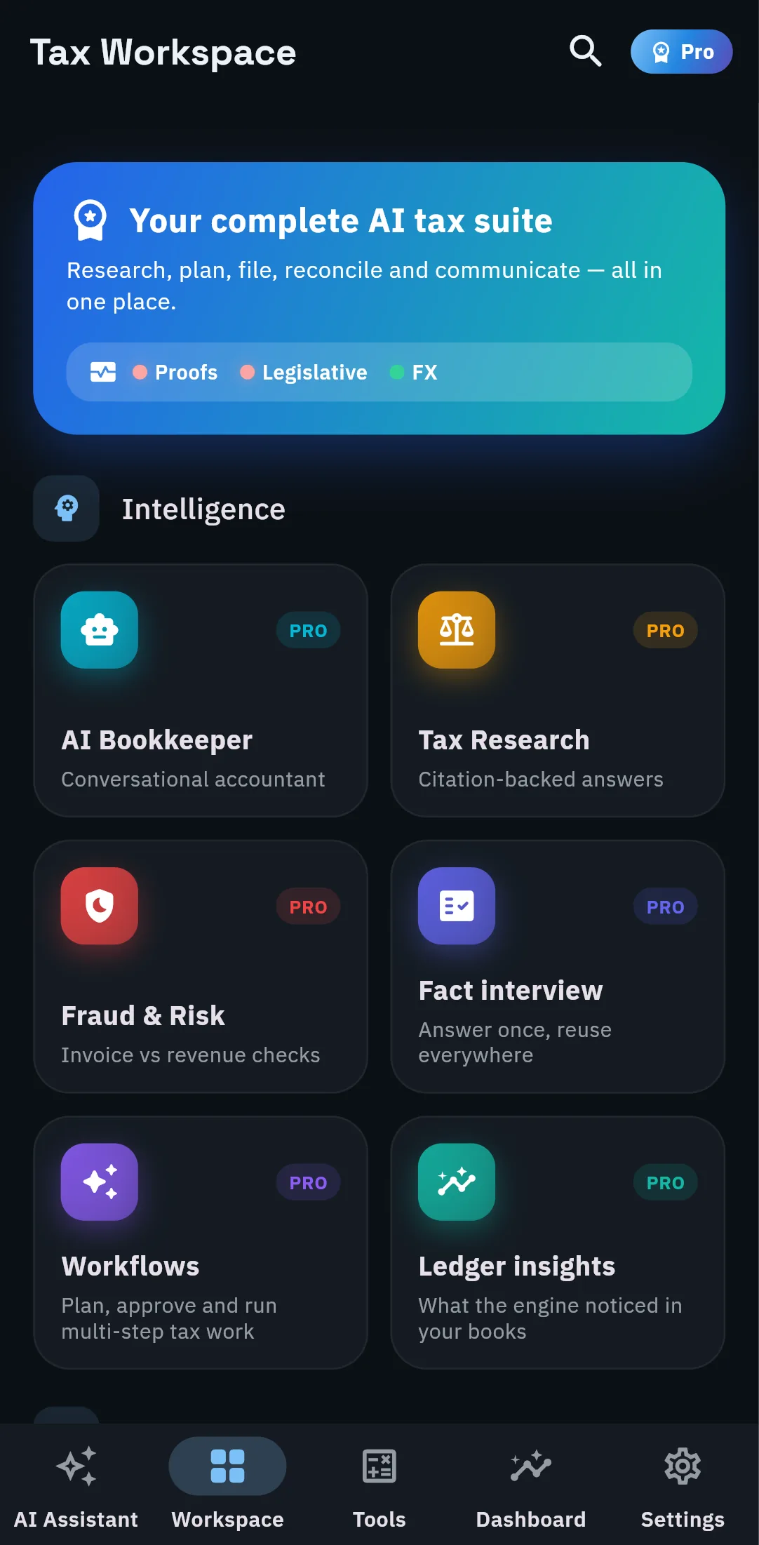 TaxOrch mobile workspace with AI bookkeeper, tax research, fraud and risk checks, fact interview and workflows