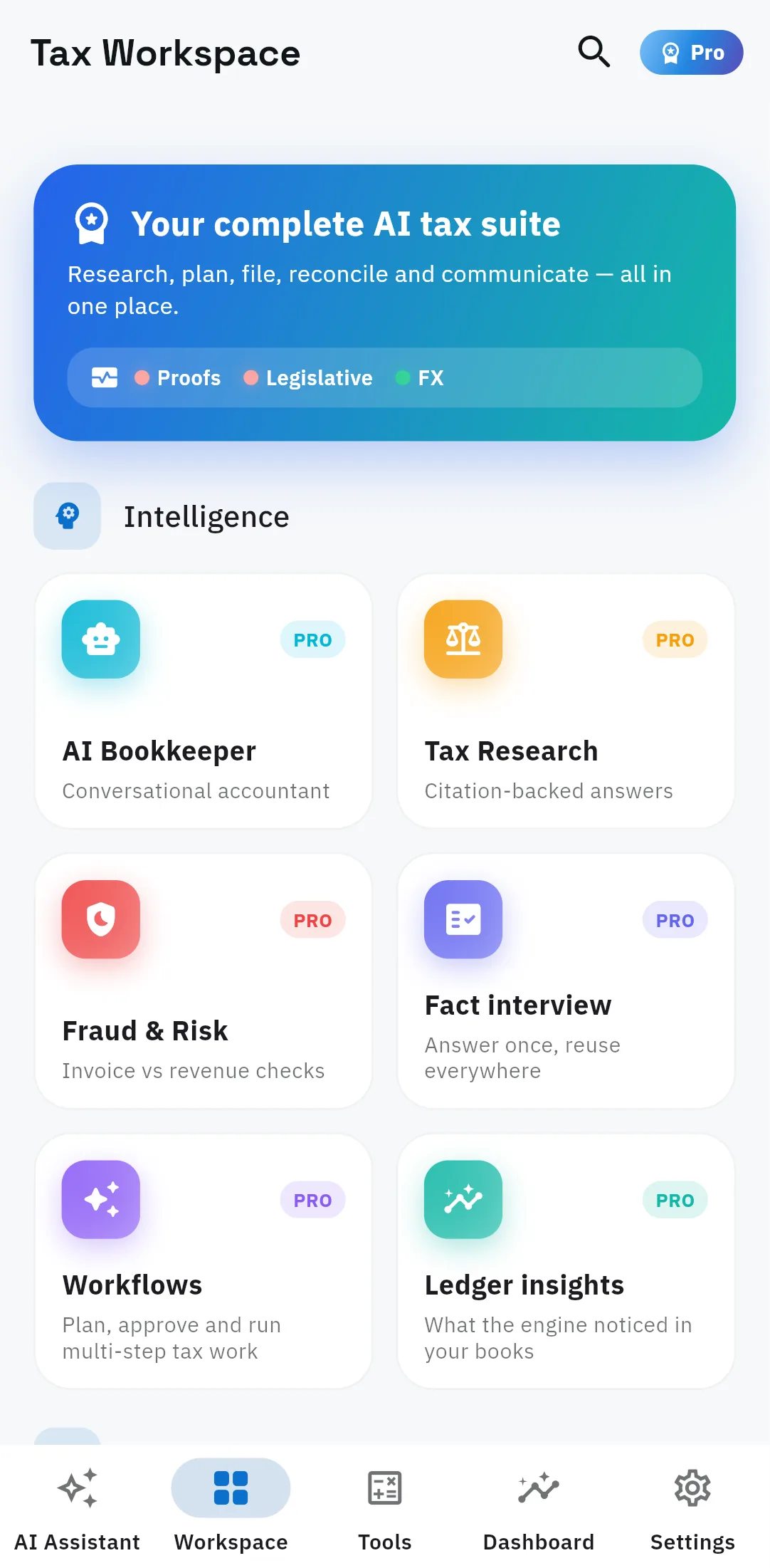 TaxOrch mobile workspace with AI bookkeeper, tax research, fraud and risk checks, fact interview and workflows