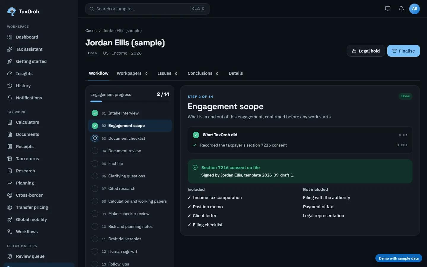 TaxOrch engagement workflow asking a US taxpayer for section 7216 consent before the scope is confirmed