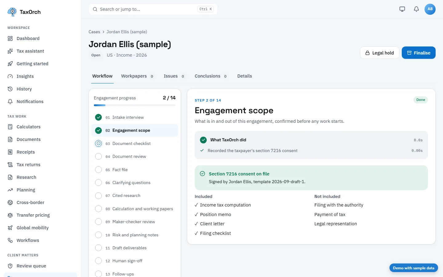 TaxOrch engagement workflow asking a US taxpayer for section 7216 consent before the scope is confirmed