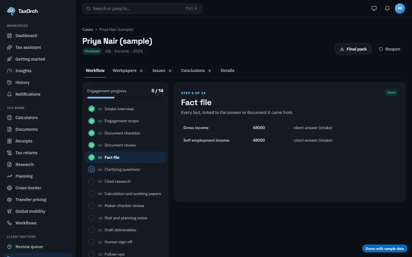 TaxOrch fact file with each fact linked to its evidence and the changes since last year highlighted